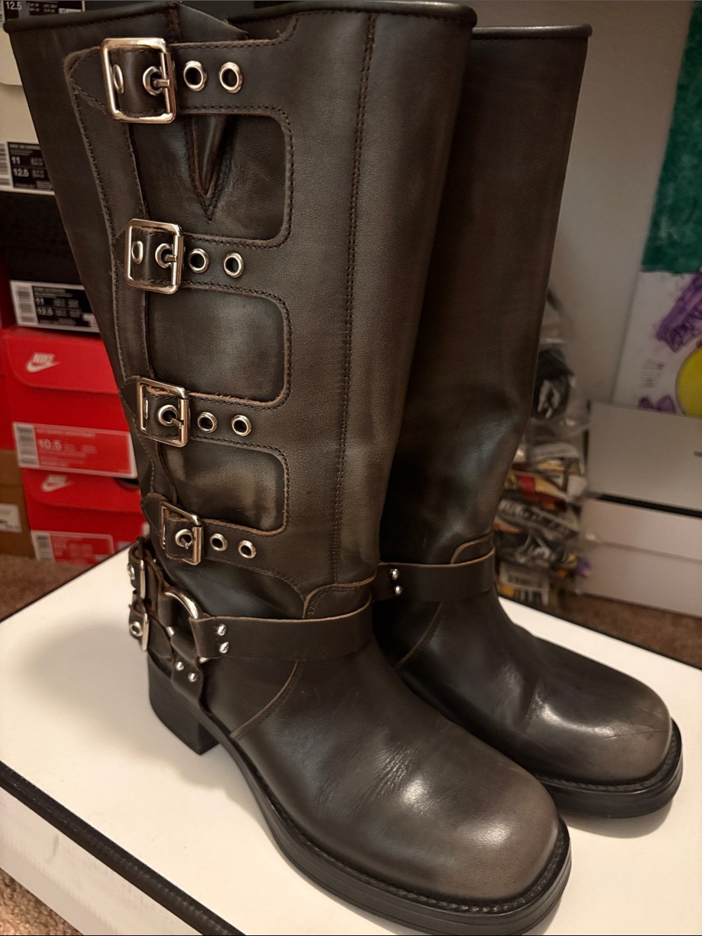 Steve Madden Brown Buckle-Strap Knee-High Combat Boots